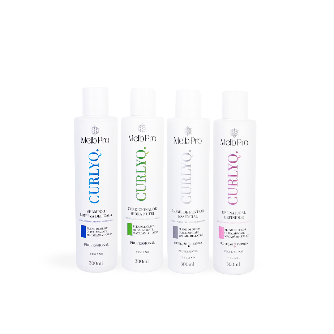Kit CurlyQ Melb Pro – Shampoo 300ml + Condicionador 300ml + Creme de Pentear 300ml + Gel Natural 300ml | Hidratação, Definição e Nutrição Completa
