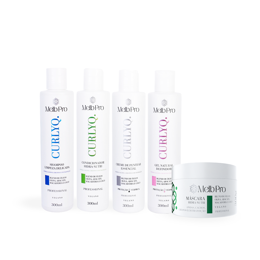 Kit CurlyQ Melb Pro – Shampoo 300ml + Condicionador 300ml + Creme de Pentear 300ml + Gel Natural 300ml + Máscara Hidra-Nutri 300g | Tratamento Completo para Cachos