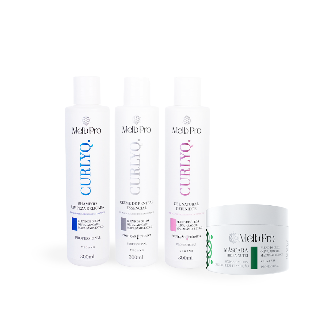 Kit CurlyQ Melb Pro – Shampoo 300ml + Máscara Hidra-Nutri 300g + Creme de Pentear 300ml + Gel Natural 300ml | Hidratação e Definição para Cachos