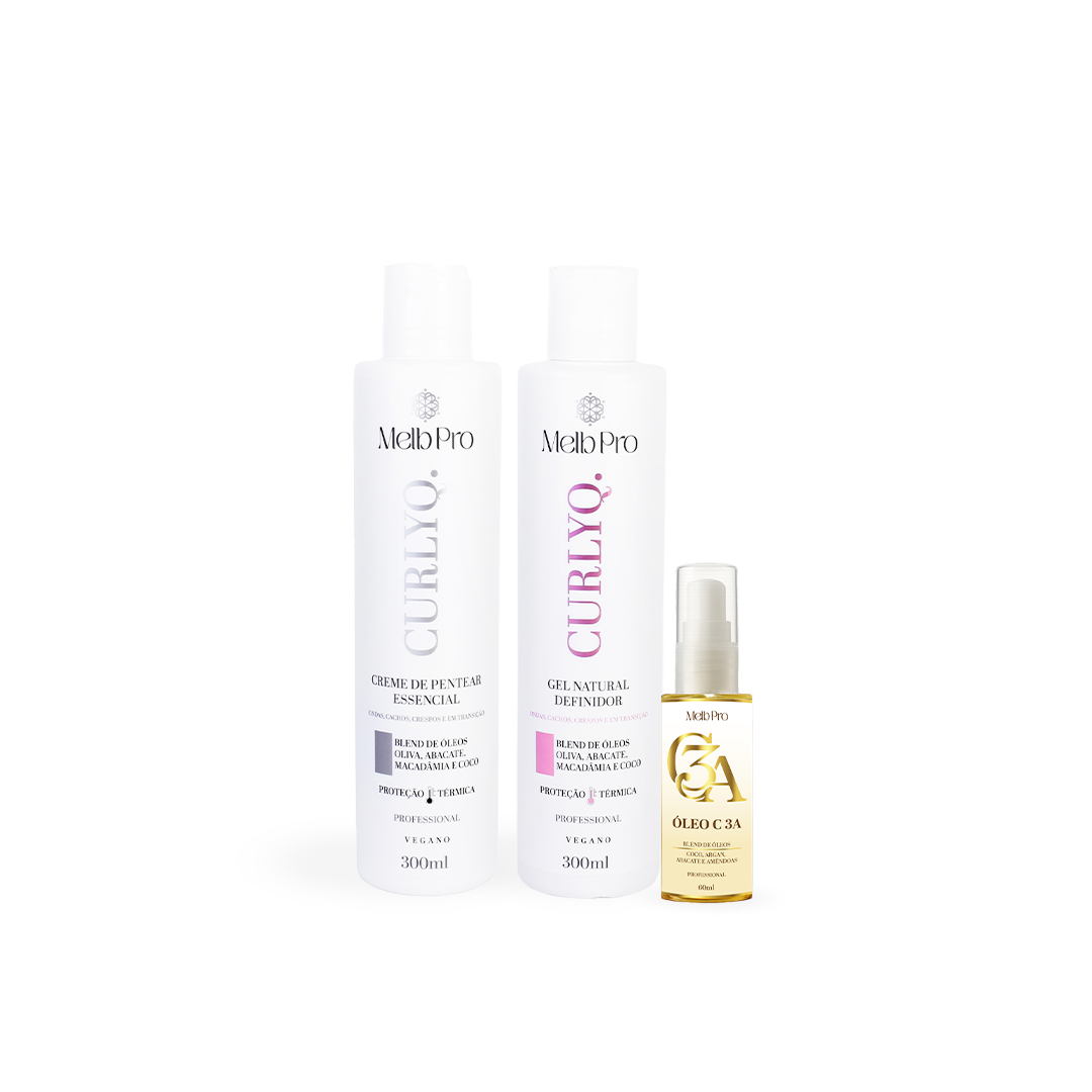 Kit CurlyQ Melb Pro – Creme de Pentear 300ml + Gel Natural 300ml + Óleo C3A 60ml | Definição, Nutrição e Brilho