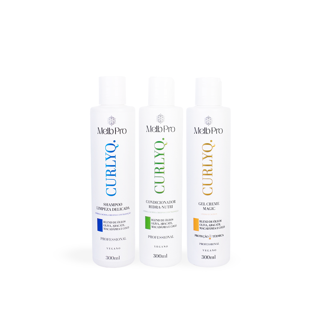 Kit CurlyQ Melb Pro – Shampoo 300ml + Condicionador 300ml + Gel Creme Magic 300ml | Limpeza, Hidratação e Definição