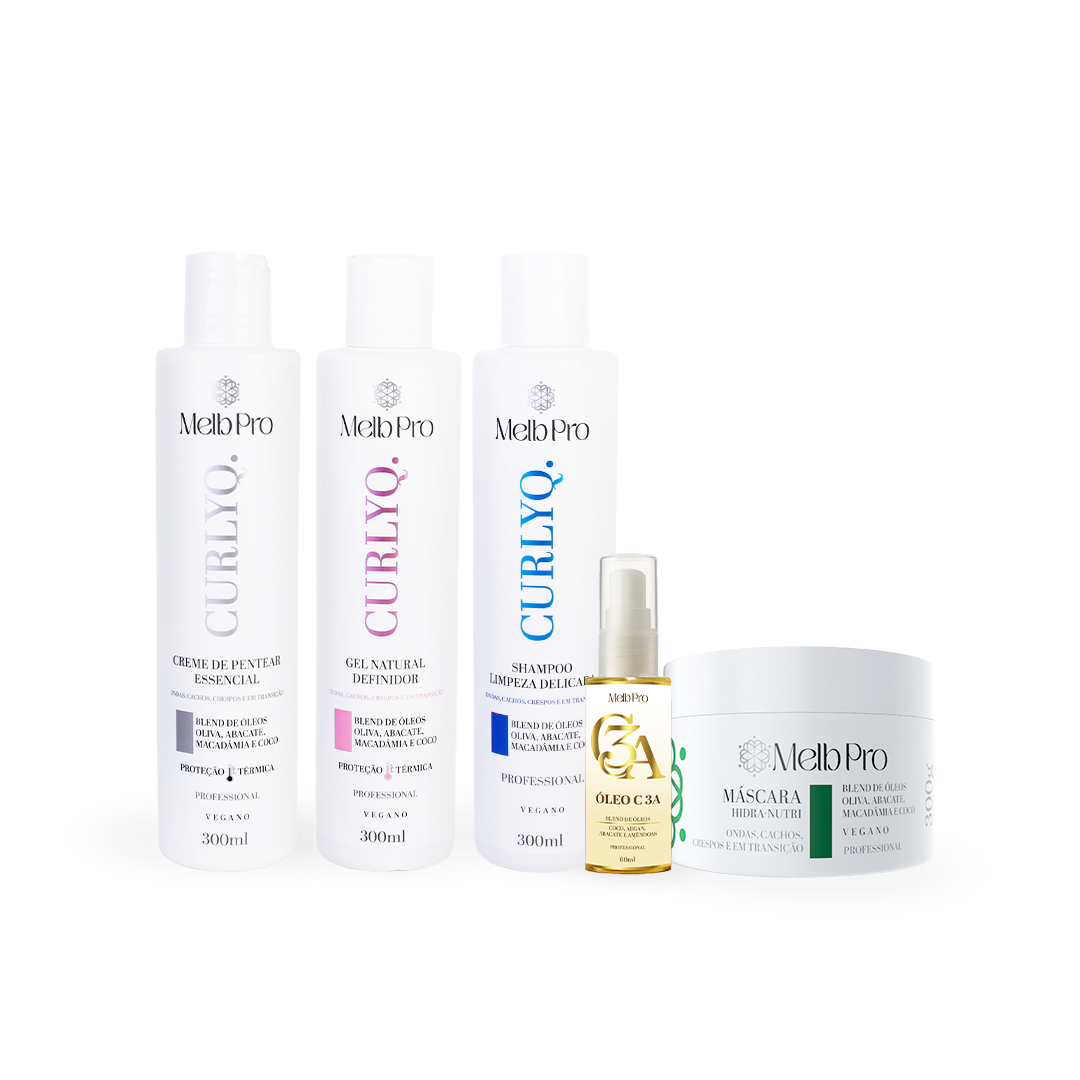 Kit CurlyQ Melb Pro – Shampoo 300ml + Máscara Hidra-Nutri 300g + Gel Natural 300ml + Óleo C3A 60ml + Creme de Pentear 300ml | Limpeza, Hidratação e Definição Completa