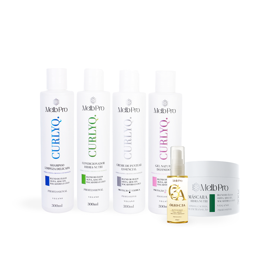 Kit CurlyQ Melb Pro – Shampoo 300ml + Condicionador 300ml + Máscara Hidra-Nutri 300g + Gel Natural 300ml + Óleo C3A 60ml + Creme de Pentear 300ml | Limpeza, Hidratação e Definição Completa